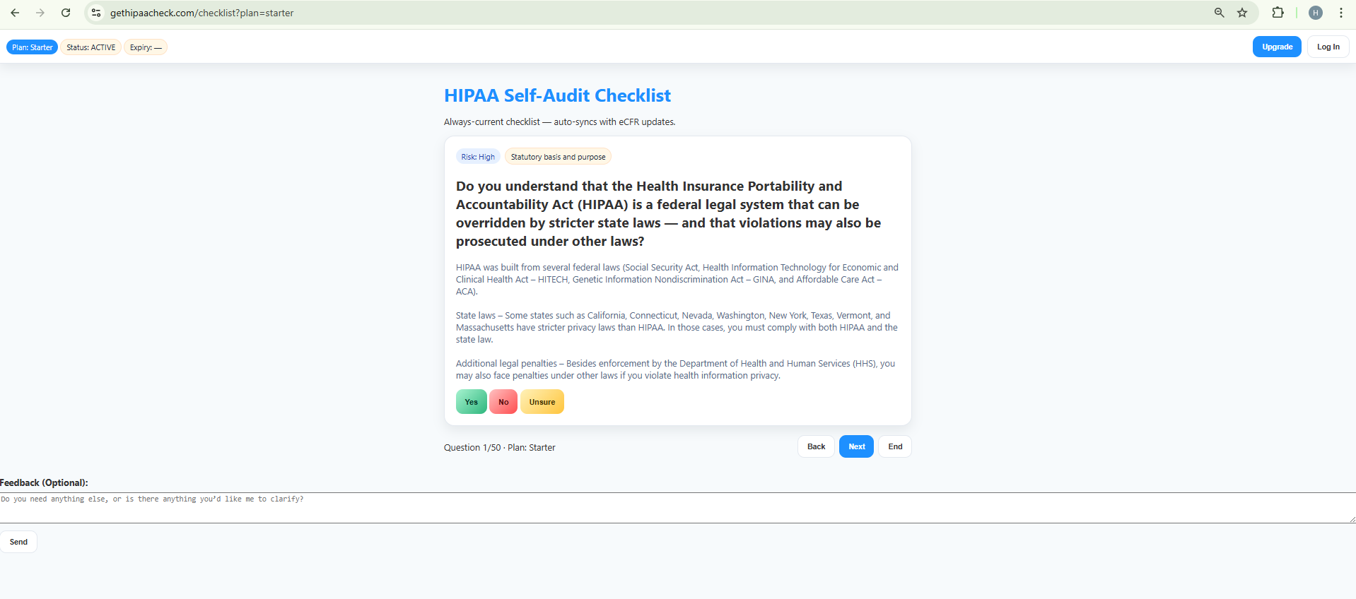 HIPAA compliance assessment showing guided questions for healthcare providers