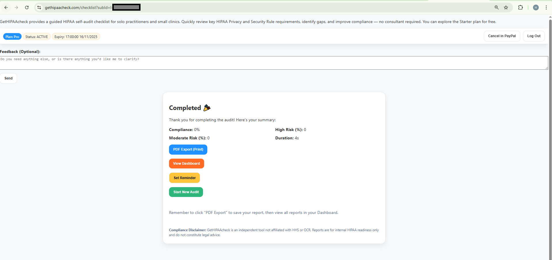 HIPAA compliance assessment report with PDF export, dashboard, and reminders
